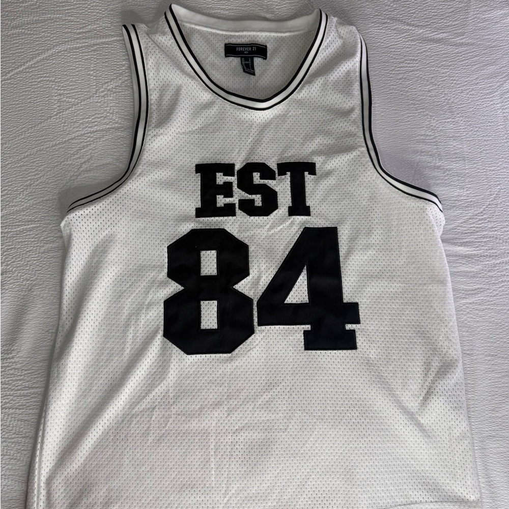 Forever 21 White Mesh Tank with Black EST 84 Graphic